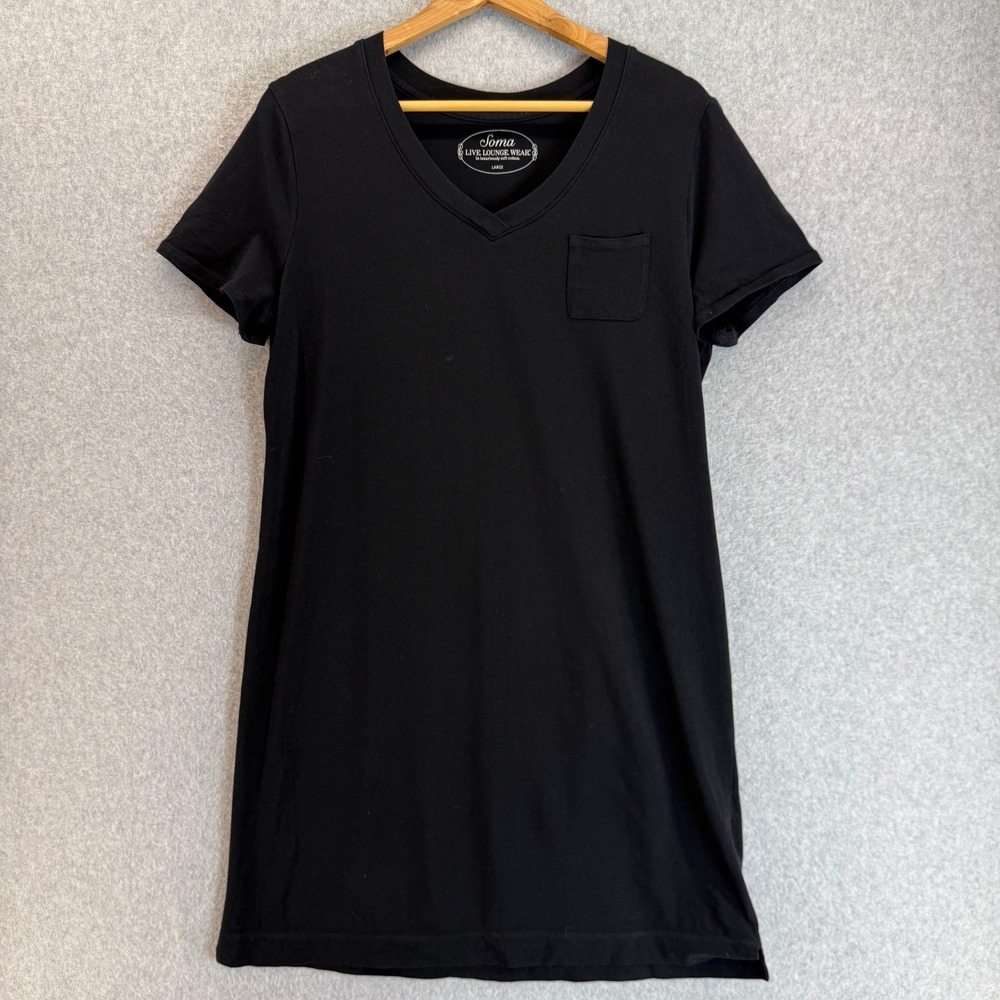 Soma Live Lounge Wear Black V-Neck Short Sleeve Sleep‎ Dress Pocket Womens Large